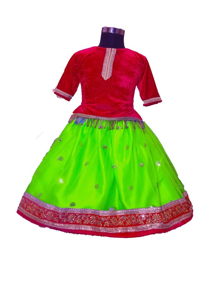 HIBA _Baby Girls winter ethnic wear lehenga choli set with velvet blouse and sequence bottom with duptta set 1-2 years Pink and parrot green - Image 3
