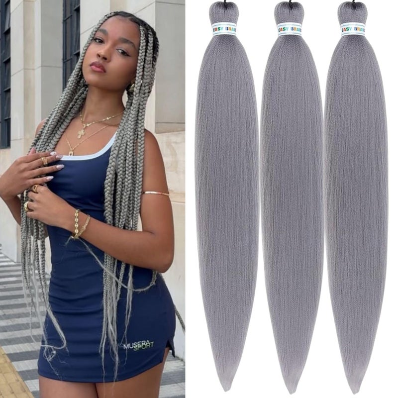 Gray Braiding Hair Pre stretched Prefeathered 30inch Synthetic Yaki Ez Braid Braiding Hair