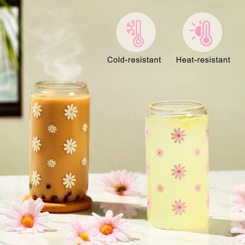 KMCCUMBER Cute Glass Cups with Lids and Straws, Teen Girl Birthday Gifts Daisy Iced Coffee Cup, Pink Aesthetic Mug Tumbler for Mothers Day Christmas Valentines Coffee Lover 16oz - Image 5