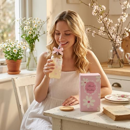 KMCCUMBER Cute Glass Cups with Lids and Straws, Teen Girl Birthday Gifts Daisy Iced Coffee Cup, Pink Aesthetic Mug Tumbler for Mothers Day Christmas Valentines Coffee Lover 16oz - Image 4