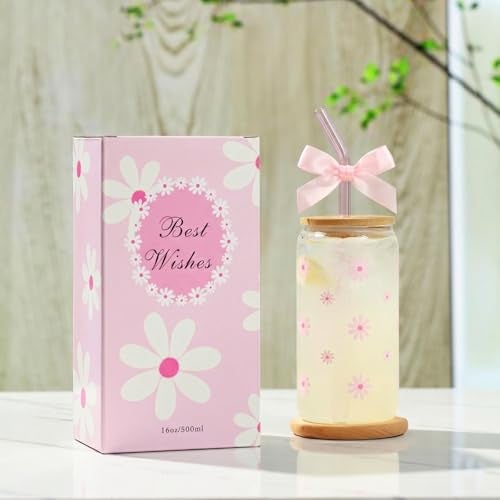 KMCCUMBER Cute Glass Cups with Lids and Straws, Teen Girl Birthday Gifts Daisy Iced Coffee Cup, Pink Aesthetic Mug Tumbler for Mothers Day Christmas Valentines Coffee Lover 16oz - Image 2