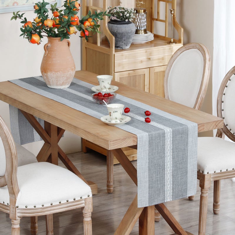 NEWISHER Farmhouse Braided Striped Table Runner Rustic Embroidery Coffee Table Runners for Decorations Weddings Holiday Grey 13x48inch - Image 2