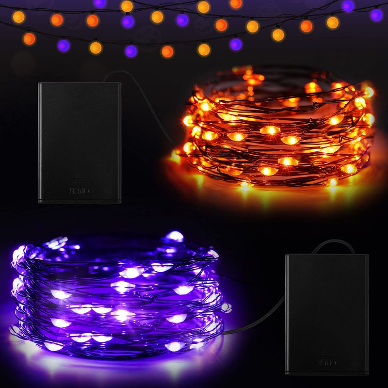 HI-BOOM 2 Pieces Halloween Fairy String Lights 10 ft 30 LED String Lights Copper Wire Fairy Lights for Halloween Christmas Wedding Party Patio Decoration Orange Purple