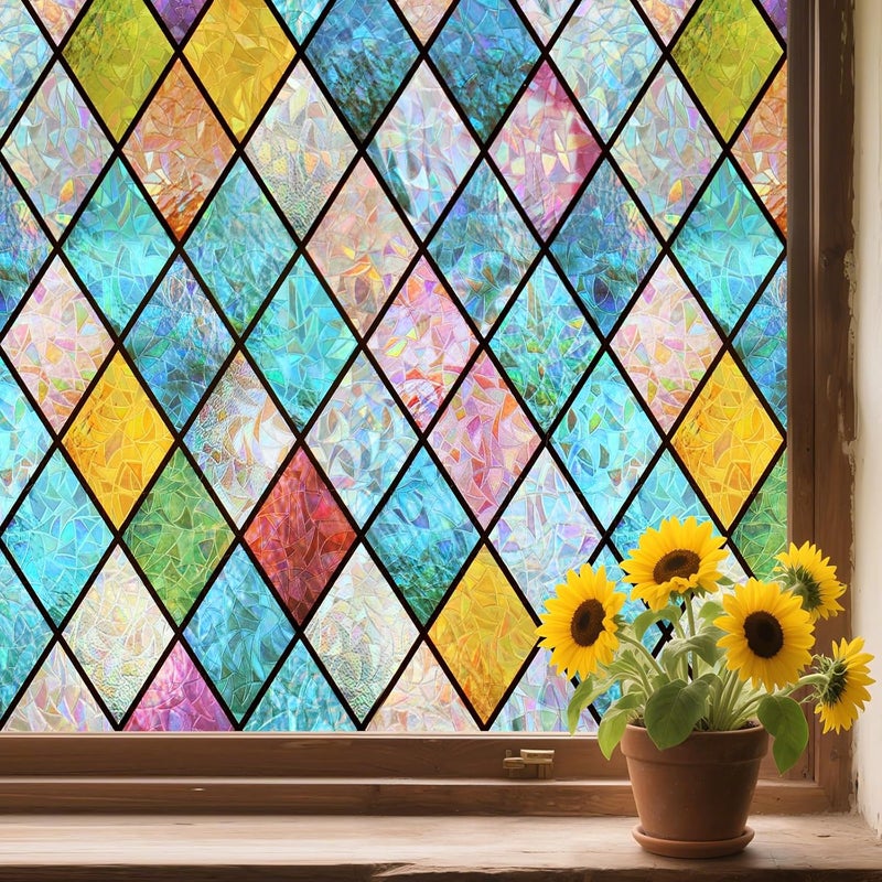 WPCTEV 3D Window Film No Glue Privacy for Glass Sticker Static Cling Heat Control Anti UV Non-Adhesive Decorative Rhombus 17.5 Inch x 6.5 Feet - Image 1