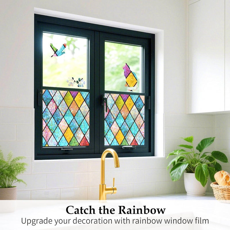 WPCTEV 3D Window Film No Glue Privacy for Glass Sticker Static Cling Heat Control Anti UV Non-Adhesive Decorative Rhombus 17.5 Inch x 6.5 Feet - Image 3