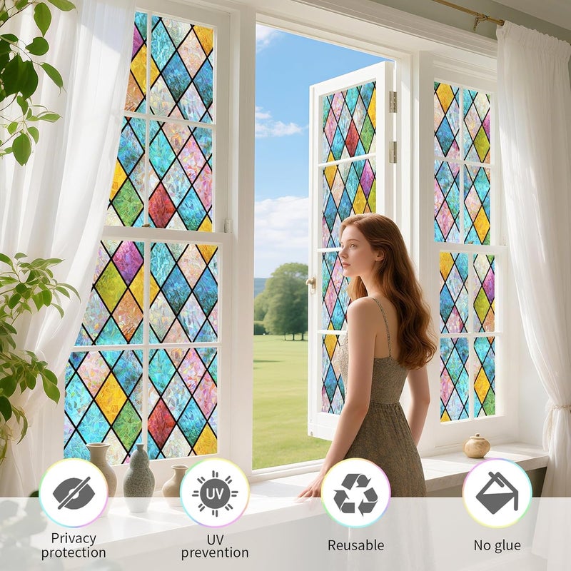 WPCTEV 3D Window Film No Glue Privacy for Glass Sticker Static Cling Heat Control Anti UV Non-Adhesive Decorative Rhombus 17.5 Inch x 6.5 Feet - Image 5
