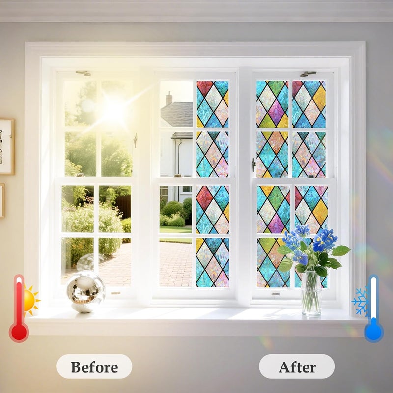 WPCTEV 3D Window Film No Glue Privacy for Glass Sticker Static Cling Heat Control Anti UV Non-Adhesive Decorative Rhombus 17.5 Inch x 6.5 Feet - Image 4
