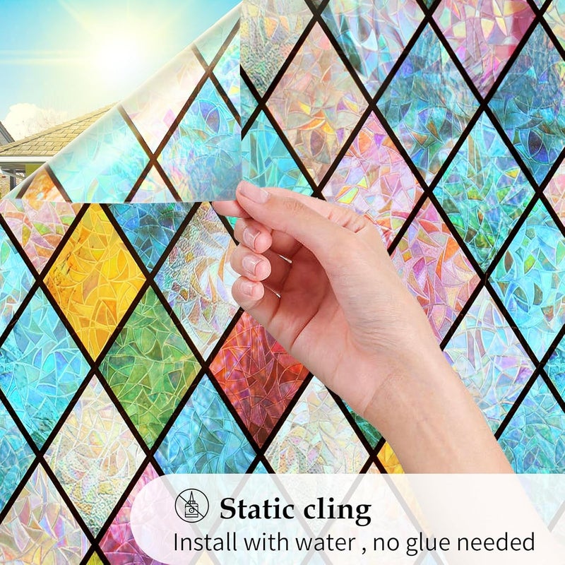 WPCTEV 3D Window Film No Glue Privacy for Glass Sticker Static Cling Heat Control Anti UV Non-Adhesive Decorative Rhombus 17.5 Inch x 6.5 Feet - Image 2