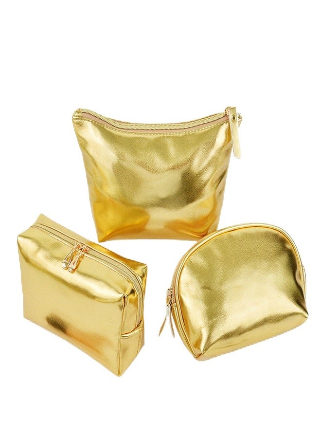 Artkingdome 3-Piece Fashion Organizer Makeup Bags - Gold Cosmetic Bags, Portable Travel Toiletry Bags, Multifunctional Storage for Skincare, Cosmetics, Accessories - Image 1
