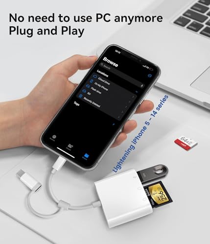 Oyuiasle قارئ بطاقة SD من Oyuiasle لجهاز iPhone و iPad وكاميرا التجربة 3 في 1 محول SD مع فتحتين ومنفذ USB، محول بطاقة الذاكرة بتصميم موصل مزدوج مع Lightning و USB-C للمصورين، توصيل وتشغيل - Image 3