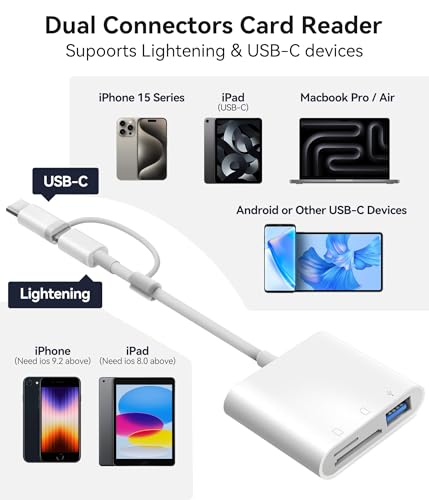 Oyuiasle قارئ بطاقة SD من Oyuiasle لجهاز iPhone و iPad وكاميرا التجربة 3 في 1 محول SD مع فتحتين ومنفذ USB، محول بطاقة الذاكرة بتصميم موصل مزدوج مع Lightning و USB-C للمصورين، توصيل وتشغيل - Image 2