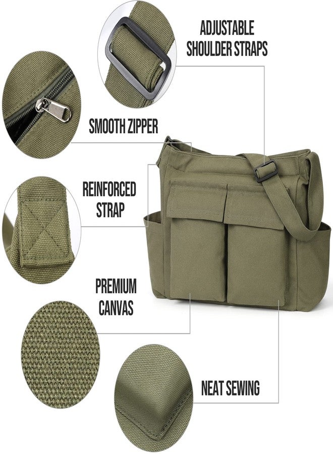 KPX Canvas Messenger Bag Hobo Shoulder Bag Crossbody Bag with Multiple Pockets Large Tote Bag Handbag for Teen Girls Women Men (Army Green) - Image 3