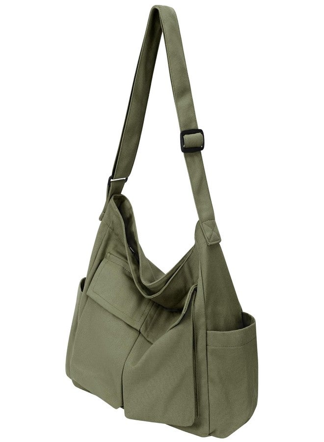 KPX Canvas Messenger Bag Hobo Shoulder Bag Crossbody Bag with Multiple Pockets Large Tote Bag Handbag for Teen Girls Women Men (Army Green) - Image 1