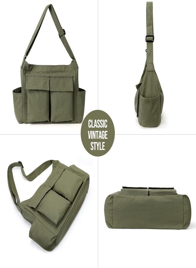 KPX Canvas Messenger Bag Hobo Shoulder Bag Crossbody Bag with Multiple Pockets Large Tote Bag Handbag for Teen Girls Women Men (Army Green) - Image 5