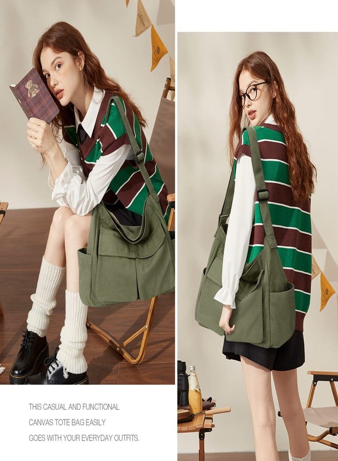 KPX Canvas Messenger Bag Hobo Shoulder Bag Crossbody Bag with Multiple Pockets Large Tote Bag Handbag for Teen Girls Women Men (Army Green) - Image 2