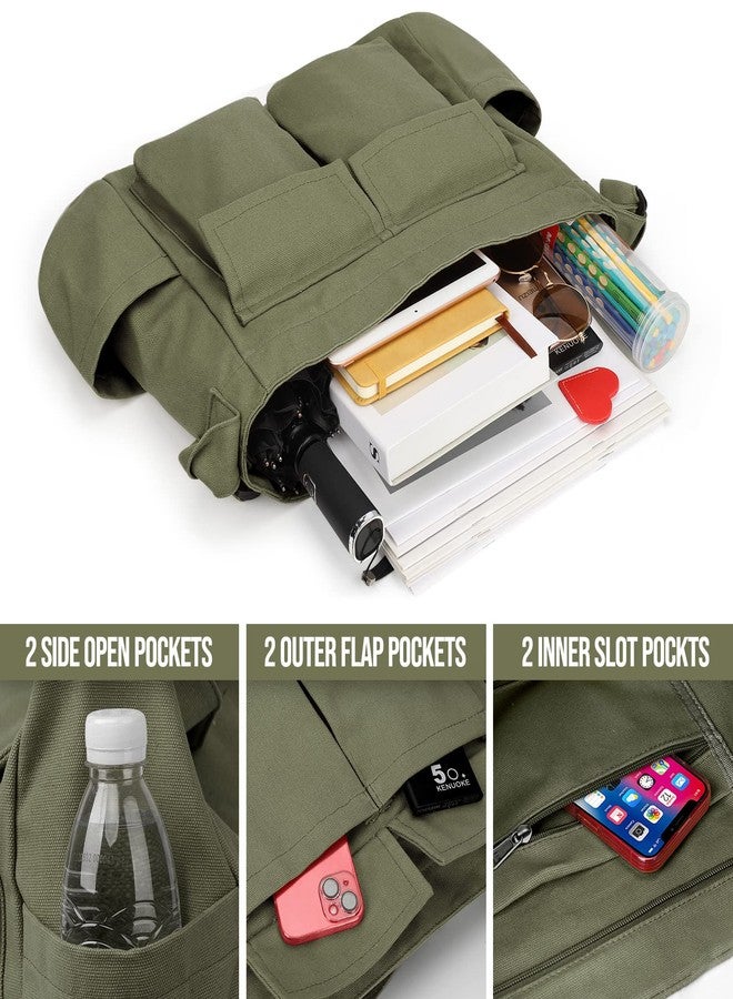 KPX Canvas Messenger Bag Hobo Shoulder Bag Crossbody Bag with Multiple Pockets Large Tote Bag Handbag for Teen Girls Women Men (Army Green) - Image 4