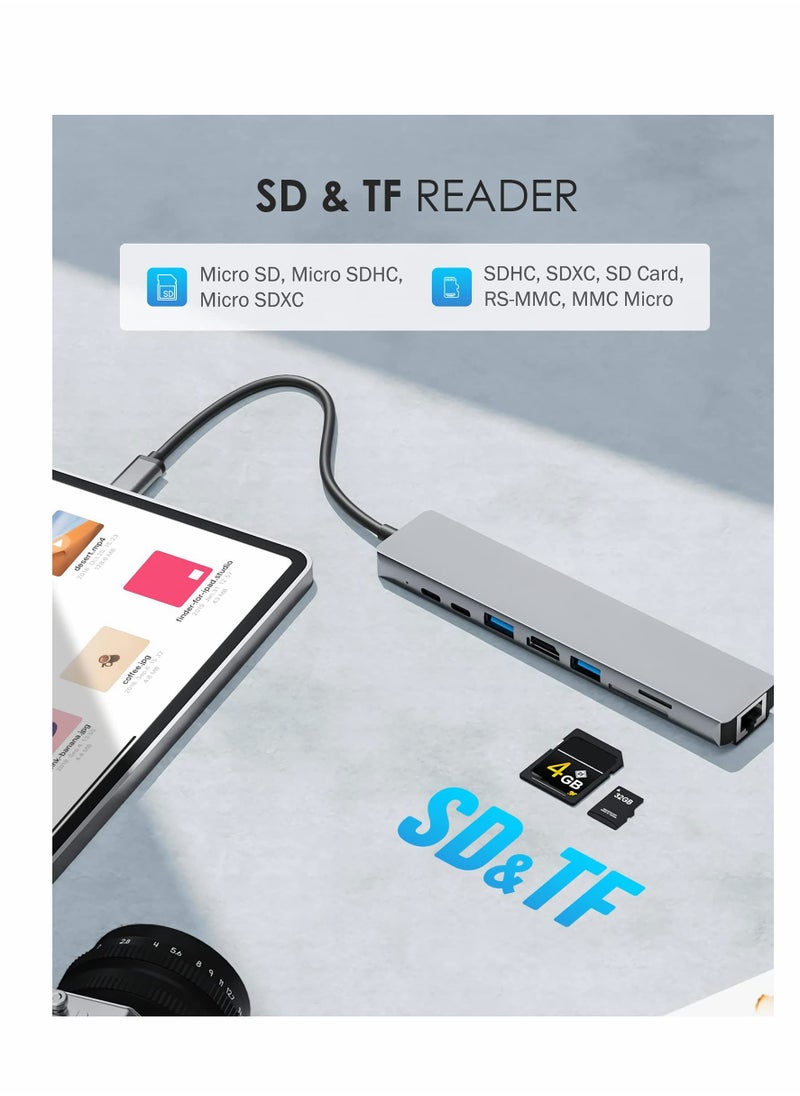 SYOSI - 8 in 1 USB C Docking Station, USB C Hub Multiport Adapter with 4K HDMI, 100W Power Delivery, USB-C, Ethernet, 2 USB, SD/TF Card Reader Compatible with MacBook Pro XPS and More Type C Devices - Image 1