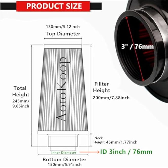 AotoKoop Universal 3" Cone Air Filter, Clamp-on 76mm/3 Inch Air intake filter, High Performance Premium Washable Replacement Cold Air Filter-Black - Image 3