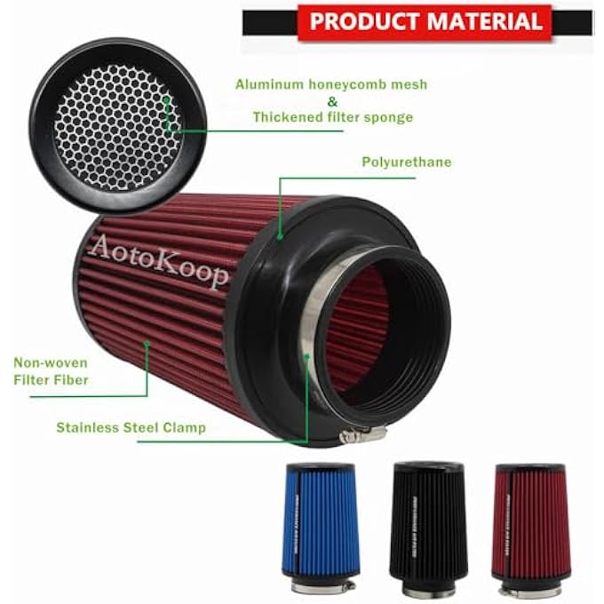 AotoKoop Universal 3" Cone Air Filter, Clamp-on 76mm/3 Inch Air intake filter, High Performance Premium Washable Replacement Cold Air Filter-Black - Image 5