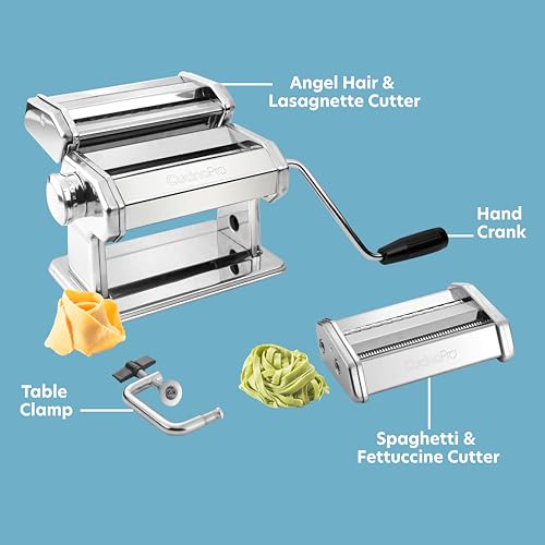 CucinaPro Pasta Maker Machine- Heavy Duty Chrome Coated Steel Construction with Fettucine & Spaghetti Attachments, Rollers w Adjustable Thickness Settings, Manual Hand Crank, Includes Recipe Guide, Xmas Gift - Image 3