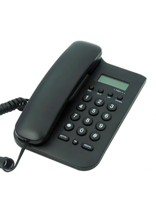 Corded landline phone with LCD display for caller ID, supports FSK and DTMF, memory for 50 incoming calls, redial and call waiting, suitable for desktop or wall mounting, black. - Image 1