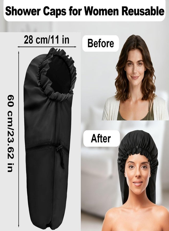 ELEBOX Extra Large Shower Cap for Braids/Curly Hair/Dreadlock | Reusable Waterproof Long Bonnets for Women Bath/Swim/Cooking/Cleaning/Spa | XL Bathing Cap with Adjustable Drawstring & Button, Black - Image 4