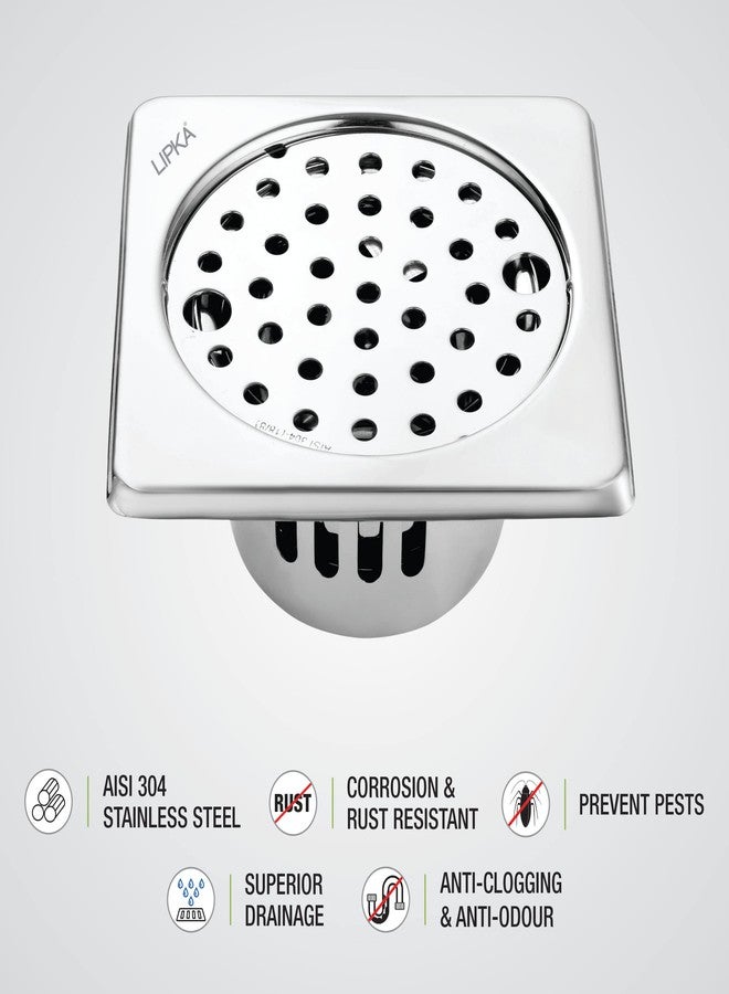 LIPKA Square Floor Drain with Cockroach Trap & Lock | 5 x 5 Inches Floor Drainer | 304-Grade Stainless Steel Floor Trap | Glossy Finish Drain Jali - Image 4