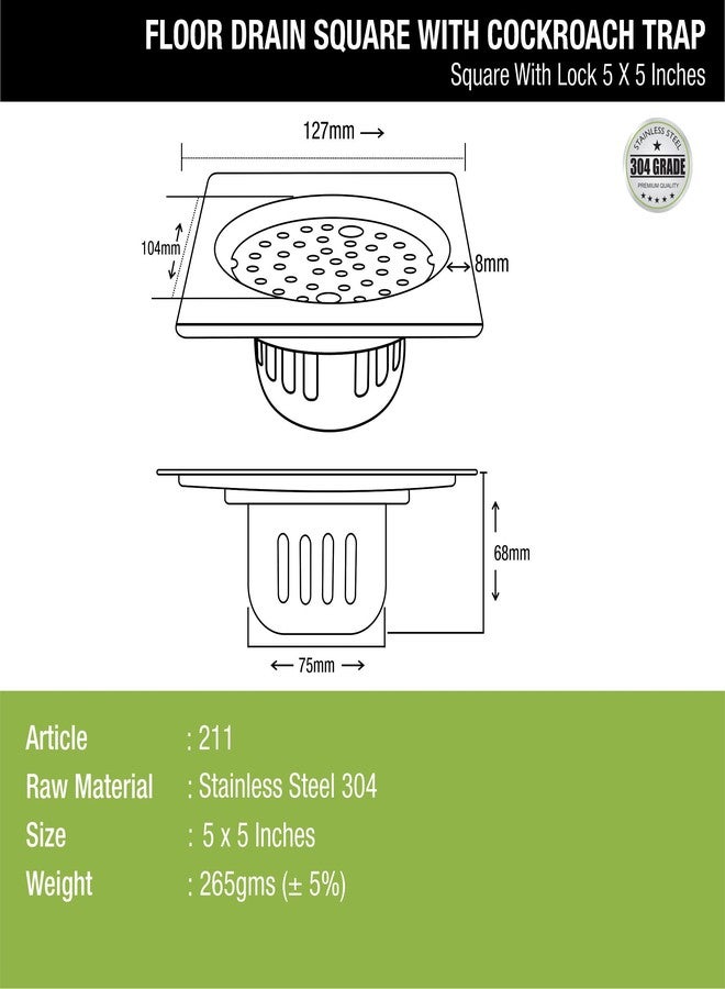 LIPKA Square Floor Drain with Cockroach Trap & Lock | 5 x 5 Inches Floor Drainer | 304-Grade Stainless Steel Floor Trap | Glossy Finish Drain Jali - Image 2