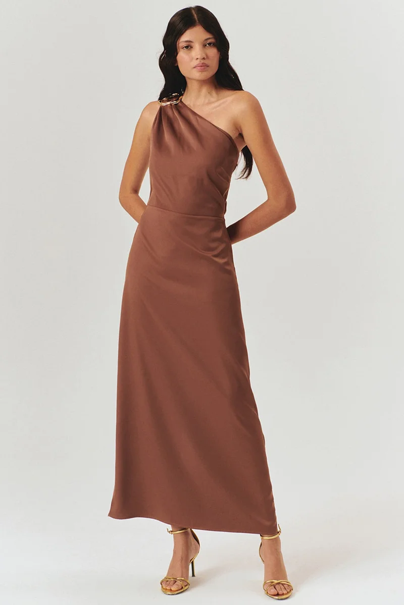 EXQUISE Brown Maxi Dress with Gold Buckle Detail and One-Shoulder Closure