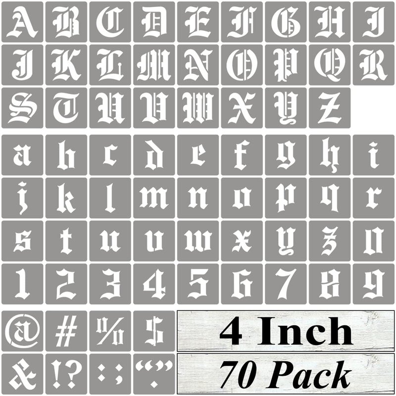 REOLAN 4 Inch Alphabet Letter Stencils for Painting - 70 Pack Old English Letter Stencil Templates with Numbers and Signs for Painting on Wood, Reusable Letters Stencils for Chalkboard Wood Signs & Wall Art - Image 1