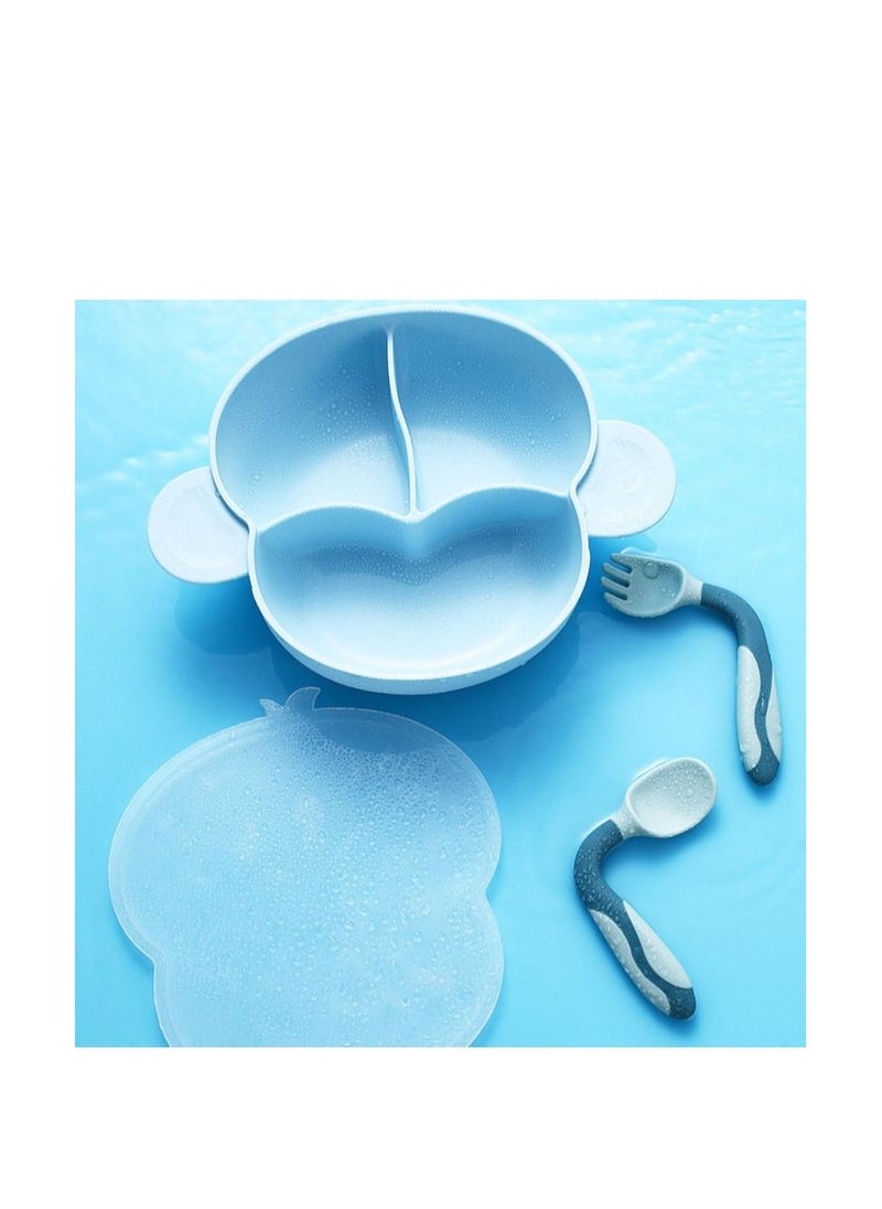 Doren - Children's Divided Dining Plate Can Be Heated in Microwave Oven with Cover Food Grade PP Material Baby Learning to Eat Fork Spoon Set Blue - Image 1