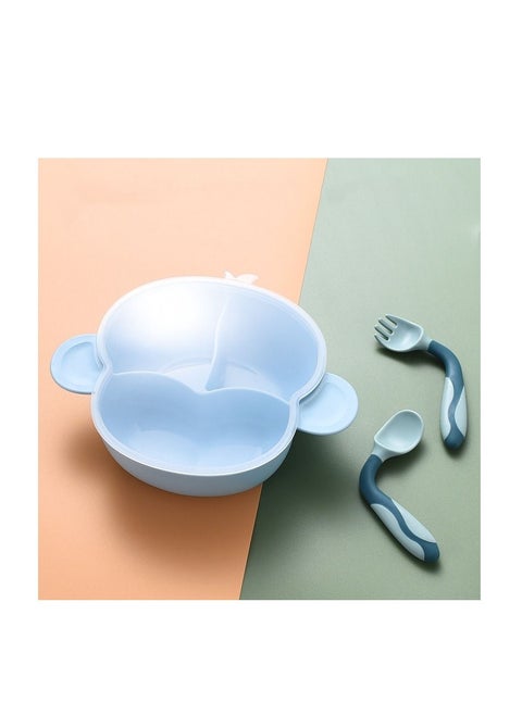 Children's Divided Dining Plate Can Be Heated in Microwave Oven with Cover Food Grade PP Material Baby Learning to Eat Fork Spoon Set Blue