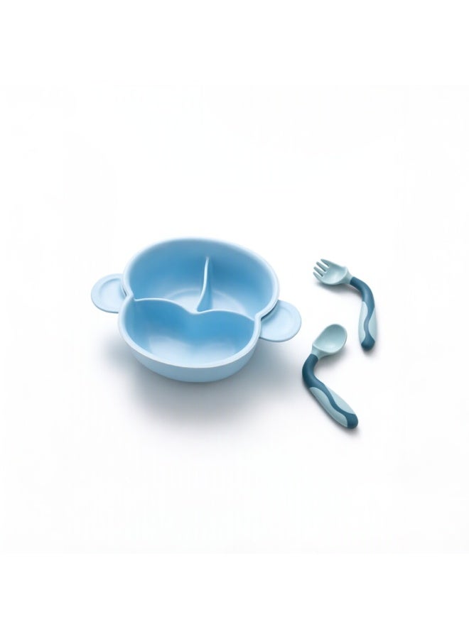 Doren Children's Divided Dining Plate Can Be Heated in Microwave Oven with Cover Food Grade PP Material Baby Learning to Eat Fork Spoon Set Blue - Image 1