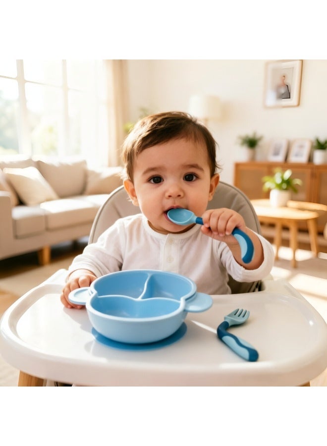 Doren Children's Divided Dining Plate Can Be Heated in Microwave Oven with Cover Food Grade PP Material Baby Learning to Eat Fork Spoon Set Blue - Image 3
