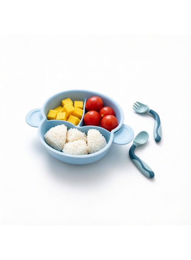 Doren Children's Divided Dining Plate Can Be Heated in Microwave Oven with Cover Food Grade PP Material Baby Learning to Eat Fork Spoon Set Blue - Image 4
