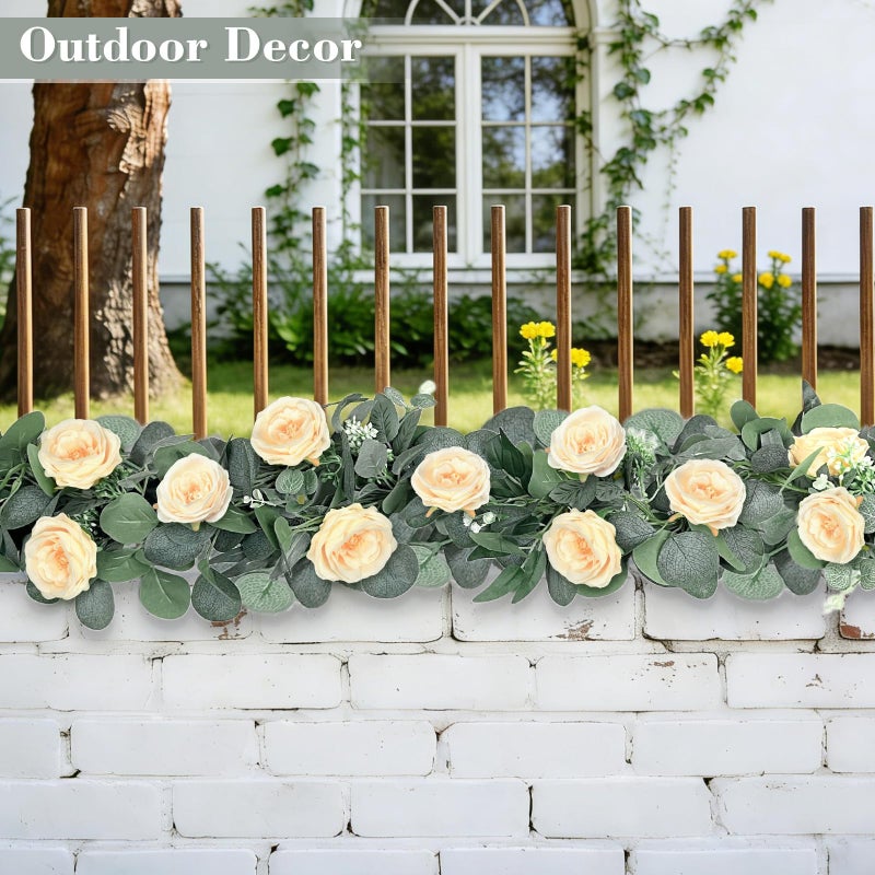 Grandeal 2 Pack 13FT Spring Artificial Eucalyptus Flower Garland with Champagne Roses, Fake Flower Greenery Floral Vines Green Garland for Wedding Arch Table Runner Backdrop Mantle Home Decorations (Champagne) - Image 5