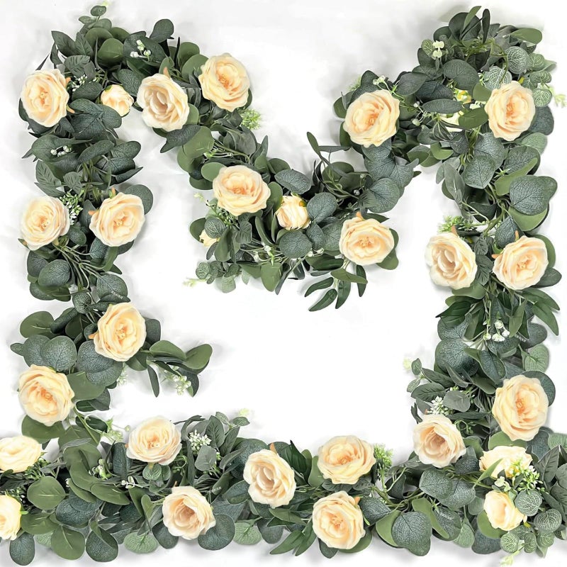 Grandeal 2 Pack 13FT Spring Artificial Eucalyptus Flower Garland with Champagne Roses, Fake Flower Greenery Floral Vines Green Garland for Wedding Arch Table Runner Backdrop Mantle Home Decorations (Champagne) - Image 1