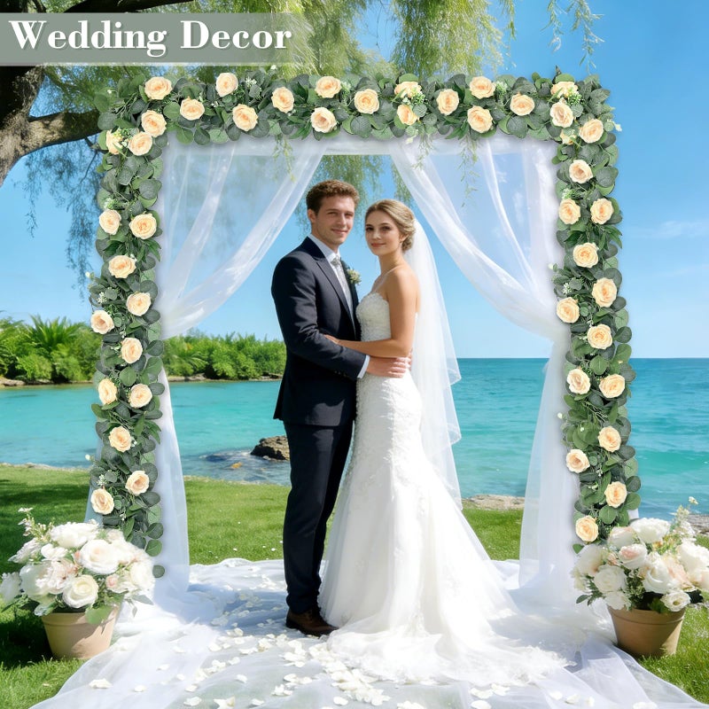 Grandeal 2 Pack 13FT Spring Artificial Eucalyptus Flower Garland with Champagne Roses, Fake Flower Greenery Floral Vines Green Garland for Wedding Arch Table Runner Backdrop Mantle Home Decorations (Champagne) - Image 3