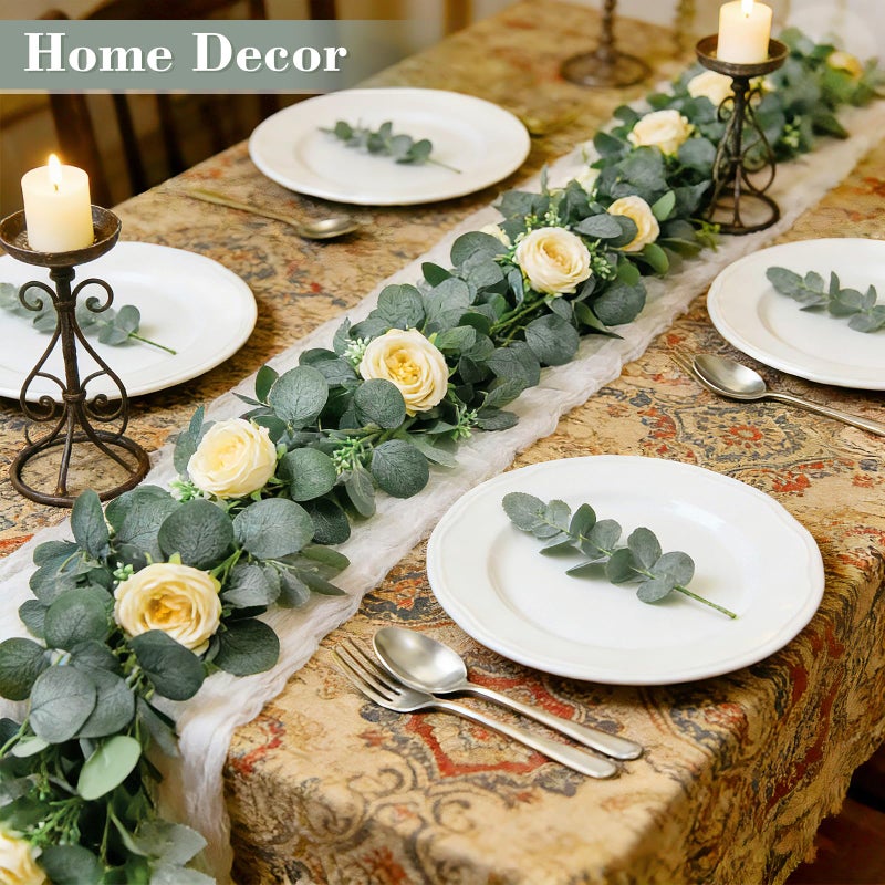 Grandeal 2 Pack 13FT Spring Artificial Eucalyptus Flower Garland with Champagne Roses, Fake Flower Greenery Floral Vines Green Garland for Wedding Arch Table Runner Backdrop Mantle Home Decorations (Champagne) - Image 4