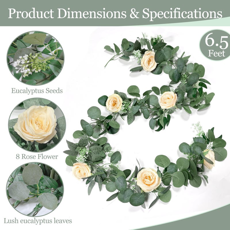 Grandeal 2 Pack 13FT Spring Artificial Eucalyptus Flower Garland with Champagne Roses, Fake Flower Greenery Floral Vines Green Garland for Wedding Arch Table Runner Backdrop Mantle Home Decorations (Champagne) - Image 2