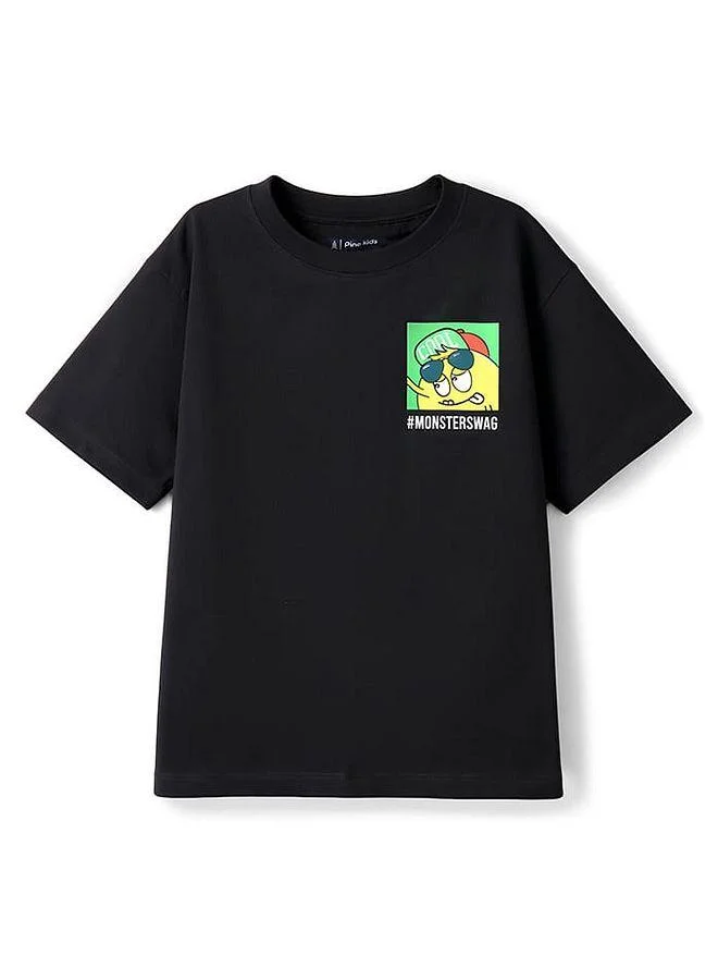 Pine Kids Pine Kids Cotton Knit Half Sleeves Oversized T-Shirt With Front & Back Monster Print - Black