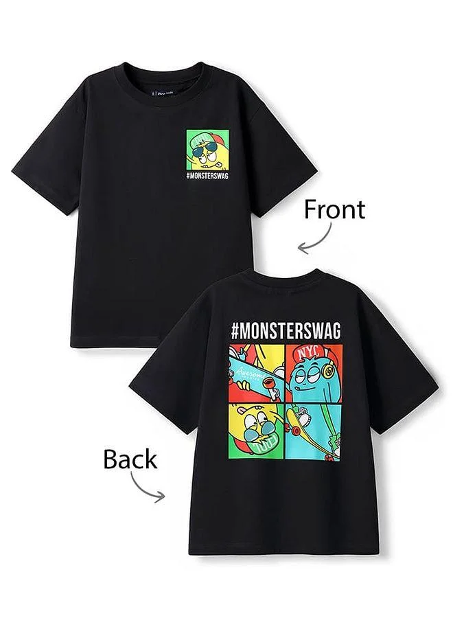 Pine Kids Pine Kids Cotton Knit Half Sleeves Oversized T-Shirt With Front & Back Monster Print - Black
