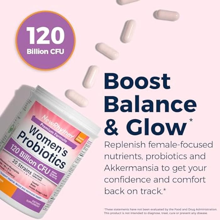NewRhythm Probiotics for Women, Akkermansia Probiotic, Biotin, Vitamin B6 B12 & Inositol, 120 Billion CFU 20 Strains, Digestive Enzymes, Prebiotics & Vaginal Probiotics for PH Balance, 60 Capsules - Image 2