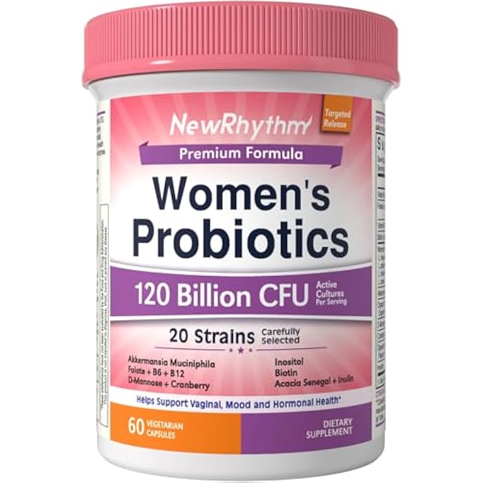 NewRhythm Probiotics for Women, Akkermansia Probiotic, Biotin, Vitamin B6 B12 & Inositol, 120 Billion CFU 20 Strains, Digestive Enzymes, Prebiotics & Vaginal Probiotics for PH Balance, 60 Capsules - Image 1