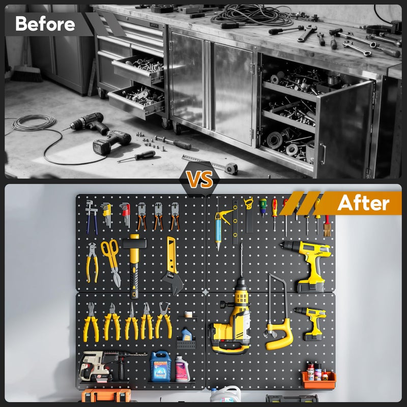 Hogurity Peg Board, 110pcs Metal Pegboard Kit, Includes 4 Pack Black Peg Board Panels with Accessories and Hook Locks, Large Heavy Duty Peg Boards for Walls Home, Garage Tool Storage, Workbench - Image 4