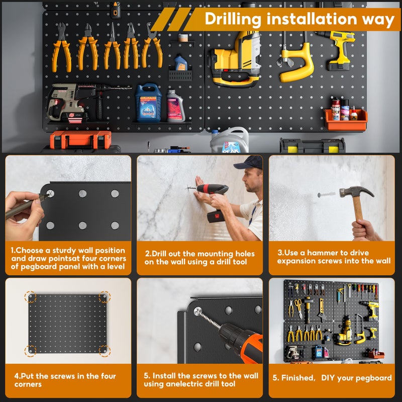 Hogurity Peg Board, 110pcs Metal Pegboard Kit, Includes 4 Pack Black Peg Board Panels with Accessories and Hook Locks, Large Heavy Duty Peg Boards for Walls Home, Garage Tool Storage, Workbench - Image 5