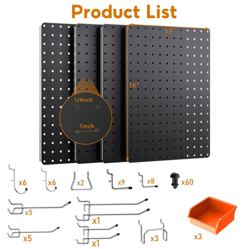 Hogurity Peg Board, 110pcs Metal Pegboard Kit, Includes 4 Pack Black Peg Board Panels with Accessories and Hook Locks, Large Heavy Duty Peg Boards for Walls Home, Garage Tool Storage, Workbench - Image 2