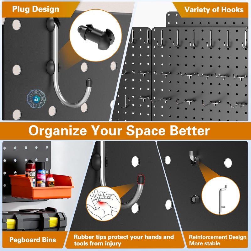 Hogurity Peg Board, 110pcs Metal Pegboard Kit, Includes 4 Pack Black Peg Board Panels with Accessories and Hook Locks, Large Heavy Duty Peg Boards for Walls Home, Garage Tool Storage, Workbench - Image 3