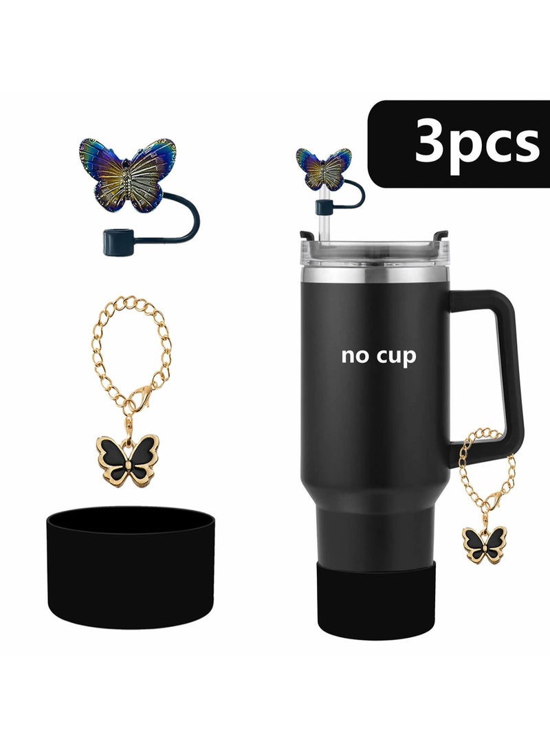 Generic Three-Piece Water Cup Butterfly Decoration Straw Cover Silicone Cup Cover Resin Butterfly Cup Chain Ins Key Pendant (Black) - Image 1