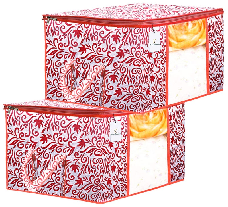 Kuber Industries Leaf Design 2 Piece Non Woven Underbed Storage BagStorage OrganiserBlanket Cover with Transparent WindowExtra Large Red CTKTC34492 - Image 1